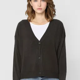 ONLY Women Olive Solid Acrylic Button Detail Cardigan-image-42