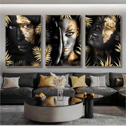 The Art House 3 Pcs Black & Golden Masked Face Wall Painting-image-31