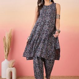InWeave Ethnic Motifs Printed Round Neck A-Line Kurta with Trousers-image-43