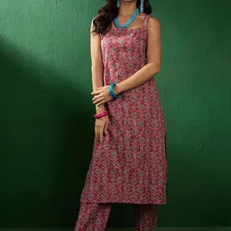 Sangria Ajrakh Printed Sleeveless Straight Pure Cotton Kurta With Trouser-54