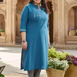 WOMEN PLUS Striped Thread Work Pure Cotton Straight Kurta With Trousers-picture-19
