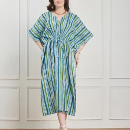 Secrets By ZeroKaata Women Blue Striped Pure Cotton Kaftan Nightdress-picture-37