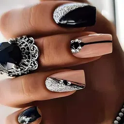 Secret Lives Set Of 24 Cats Eye Glitter Artificial Nails - Rhinestone+Skin+Black-49