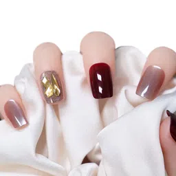 Secret Lives Set Of 24 Cats Eye With Crystals Design Artificial Nails - Dark Red+Golden-55