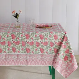 HANDICRAFT PALACE White & Pink Block Printed Pure Cotton Table Cover With 6 Pcs Napkin-53