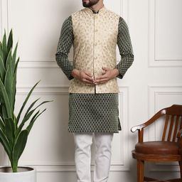 SOJANYA Woven Design Mandarin Collar Kurta with Churidar & Nehru Jacket-picture-19