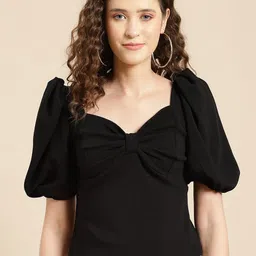 WoowZerz Black Solid Power Shoulder Sweetheart Neck Top-picture-16