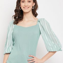Madame Women Sea Green Striped Sweetheart Neck Top-picture-20