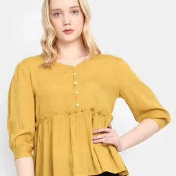 V-Mart V-Neck Puff Sleeves Gathers Peplum Top-picture-1
