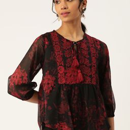 Antheaa Women Black & Red Floral Print Tie-Up Neck Top-picture-41