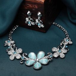ZENEME Rhodium-Plated American Diamond Studded Floweret Jewellery Set-14