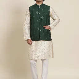 SOJANYA Men Beige Floral Embroidered Sequinned Kurta with Pyjamas & Nehru Jacket image 1