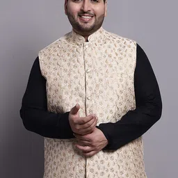 SOJANYA PLUS Plus Size Ethnic Motif Embellished Cotton Linen Nehru Jacket-19