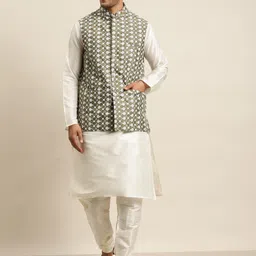 SOJANYA Men Off White & Olive Green Solid Kurta with Churidar & Embroidered Nehru Jacket-33