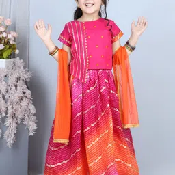 Kinder Kids Girls Pink & Orange Ready to Wear Lehenga & Blouse With Net Dupatta-image-26