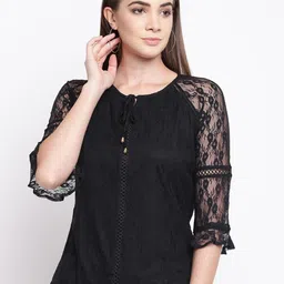 Kraus Jeans Self Design Tie Up Neck Raglan Sleeves Net Top-picture-23