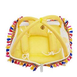 LMN CHILD CARE Laddu Gopal Kanah ji Comfortable Bed/Bister/Singhasan with Mosquito Net and 3 Pillows (0 to 6 (26 CM), Yellow) image 1