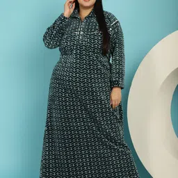 Secret Wish Plus Size Geometric Printed Polo Collar Maxi Nightdress-6