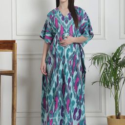 Secret Wish Abstract Printed V-Neck Pure Cotton Maxi Kaftan Nightdress-image-29