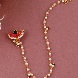 Silvermerc Designs Gold-Plated Stone-Studded & Beaded Meenakari Clip-On Chained Nosepin-picture-20