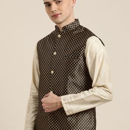 SOJANYA Men Black & Golden Self-Design Nehru Jacket-4