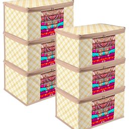 Kuber Industries Cream & Brown 6 Pieces Checked Storage Bag Organiser-17
