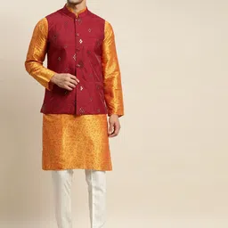 SOJANYA Men Orange Ethnic Motifs Printed Kurta & Churidar Comes with a Nehru Jacket-picture-18
