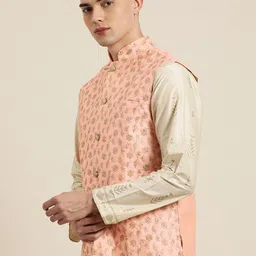 SOJANYA Men Pink & Golden Chikankari Embroidered Nehru Jacket-image-90
