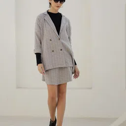 SANSKRUTIHOMES Checked Lapel Collar Pure Cotton Blazer With Skirt-image-79