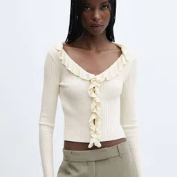 MANGO Ruffle Ribbed Crop Cardigan-54