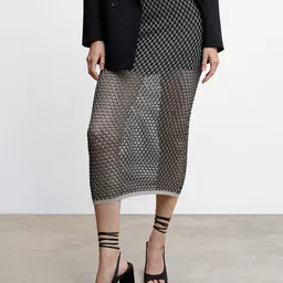 MANGO Open Knit Lurex Semi-Sheer Straight Midi Skirt-8