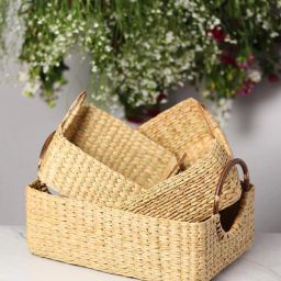 habere india Set of 3 Seagrass Hamper Baskets with Cane Handle image 1