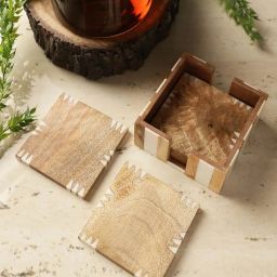 the decor mart Set of 4 Wooden Coasters with Holder image 1