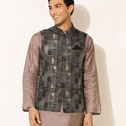 fabindia Checked Nehru Jacket with Welt Pockets image 1