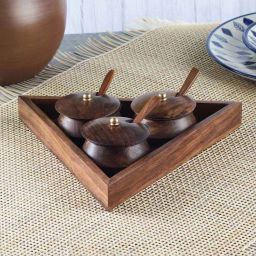 the decor mart Set of 3 Serving Small Wooden Katori with Spoons & Tray image 1