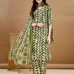 berrylicious Chevron Print Straight Kurta with Pants & Dupatta image 1