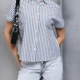 Shein Spread Collar Extended Sleeves Striped Relaxed Fit Shirt-image-48