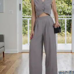 Shein Sleeveless Crop Waistcoat With Pleated Pants-image-3