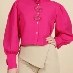 Shein High Neck Cuffed Sleeve Rose Applique Relaxed Fit Blouse-image-69