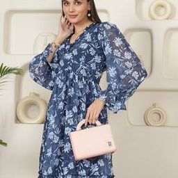 Shein Cute Puff Sleeves Floral Print Back Cut-out Fit & Flare Dress-image-55