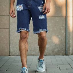 Shein Knee Length Frayed Hem Distressed Denim Shorts-image-10