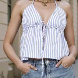 Shein Halter Neck Tie-Up Front Striped Peplum Fitted Top-image-14