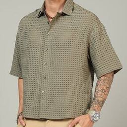 Shein Spread Collar Textured Grid Semi-Sheer Shirt-image-7