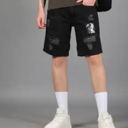Shein Knee Length Typographic Distressed Denim Shorts-image-18