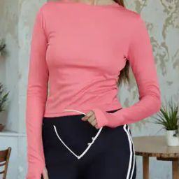 Shein Thumbhole Full Sleeves Short Crew Tshirt-image-4