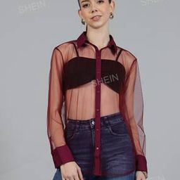 Shein Casual Full Cuffed Sleeves Curved Hem Sheer Wine Mesh Shirt-image-82