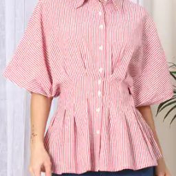 Shein Spread Collar Kimono Sleeve Pleated Striped Shirt-picture-45