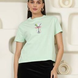 Shein Casual Sea Green Graphic Short Sleeve T-Shirt-image-3