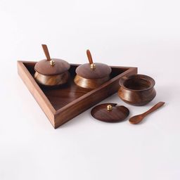 the decor mart Set of 3 Serving Small Wooden Katori with Spoons & Tray image 2