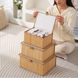 homestorie Set of 3 Foldable Bamboo Storage Boxes with Lid image 2